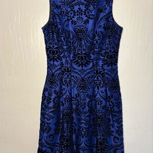 Gabby Skye Royal Blue and Black Floral Flocked Velvet Fit & Flare Midi Dress